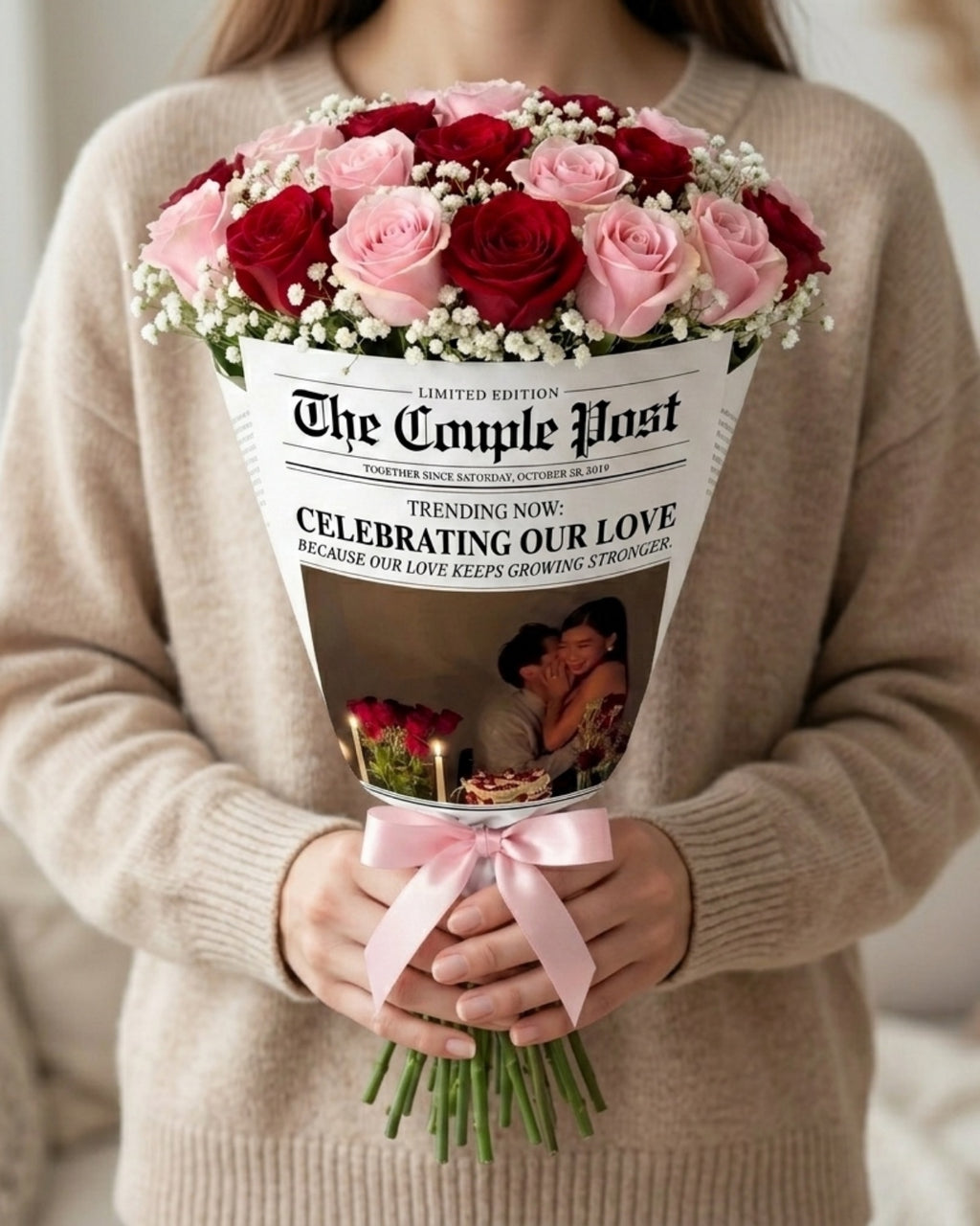 The Couple Post newspaper wrapped around a bouquet of red and pink roses