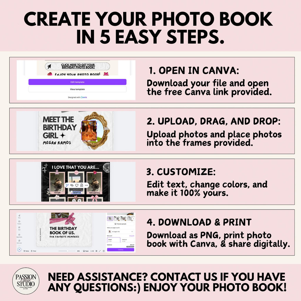 Create your birthday photo book in easy steps: open in Canva, add photos, customize, download and print