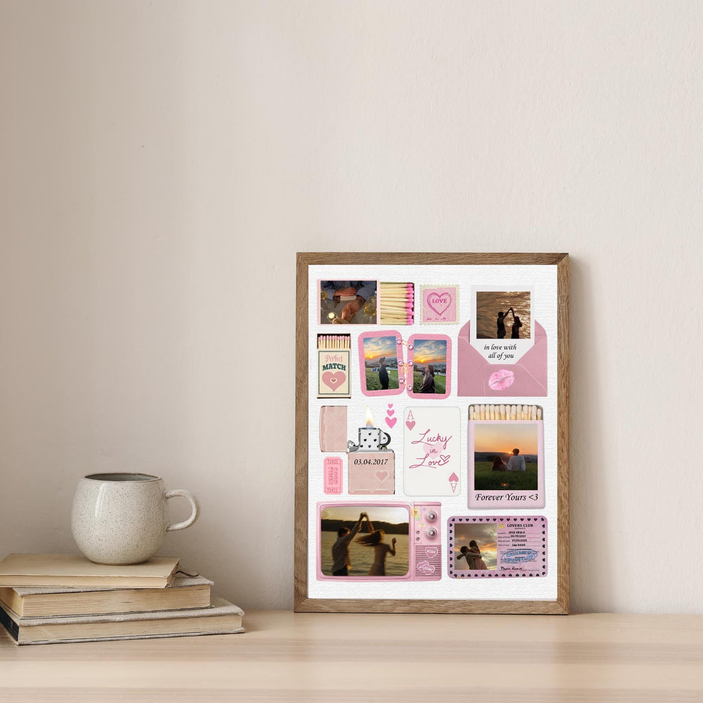 Pink couple matchbook design in a wooden frame beside books and a mug