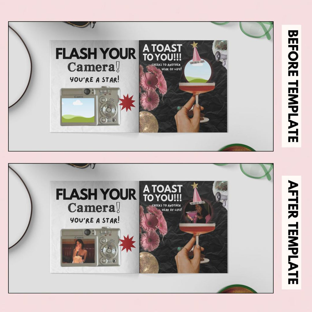 Flash Your Camera and A Toast to You pages before and after