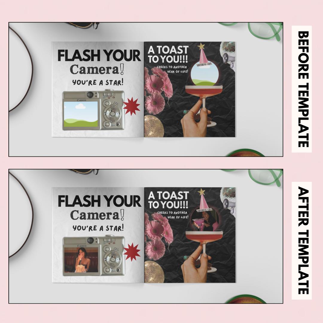 Flash Your Camera and A Toast to You pages before and after