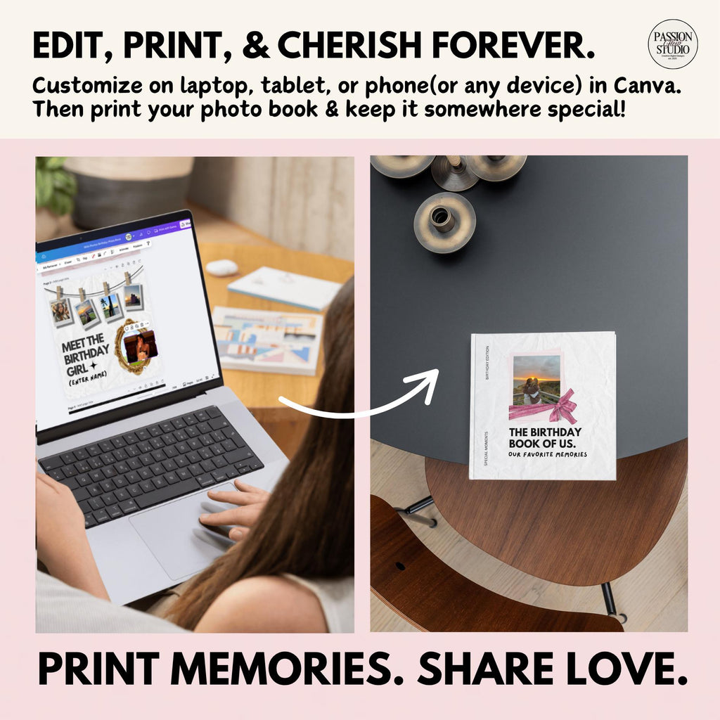 Editing the birthday photo book in Canva on a laptop, then the printed book