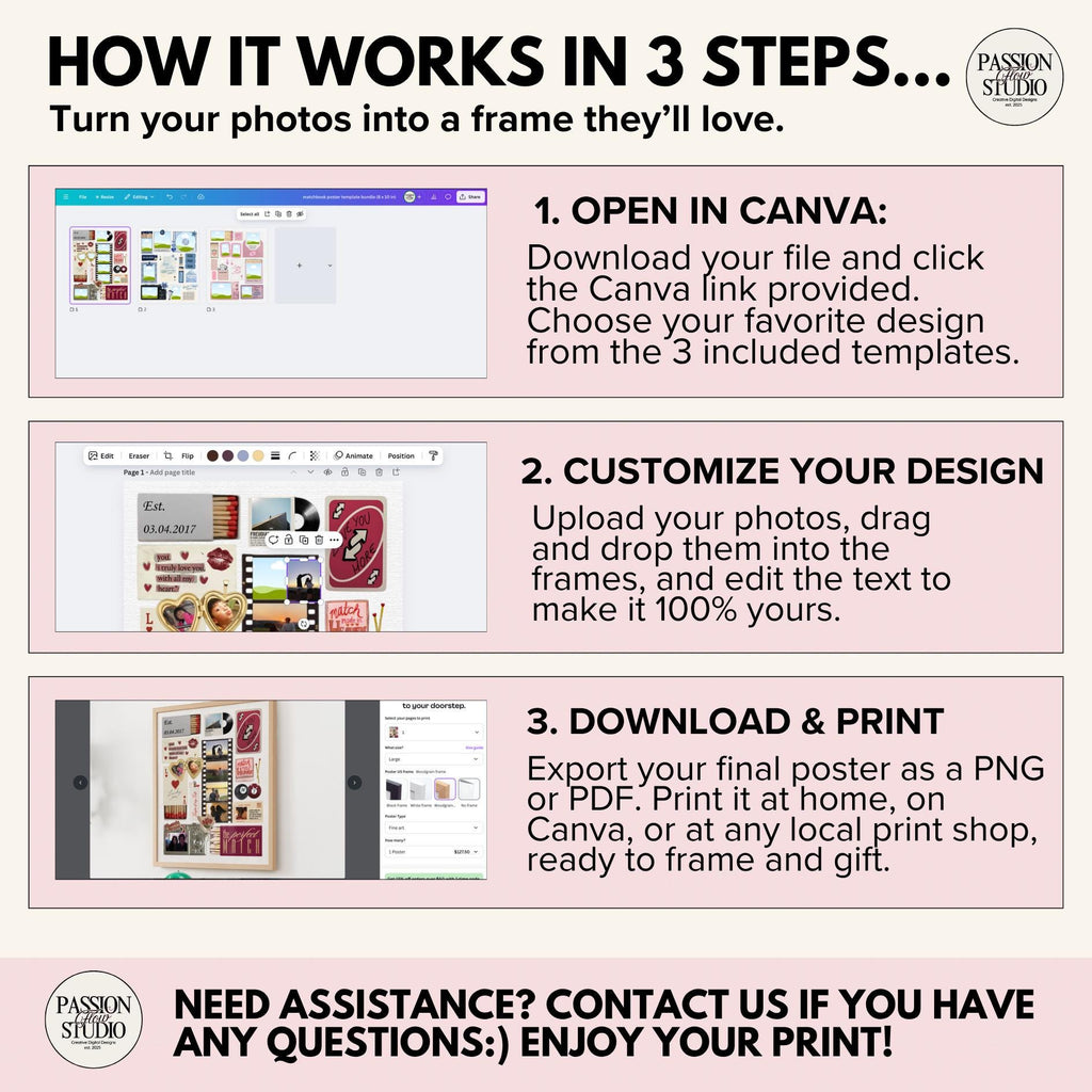 How it works in 3 steps: open in Canva, customize your design, download and print