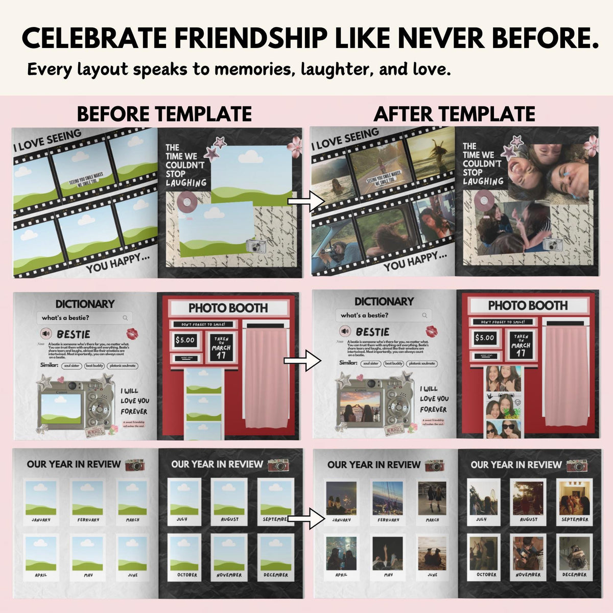 Bestie dictionary, photo booth and Our Year in Review pages before and after