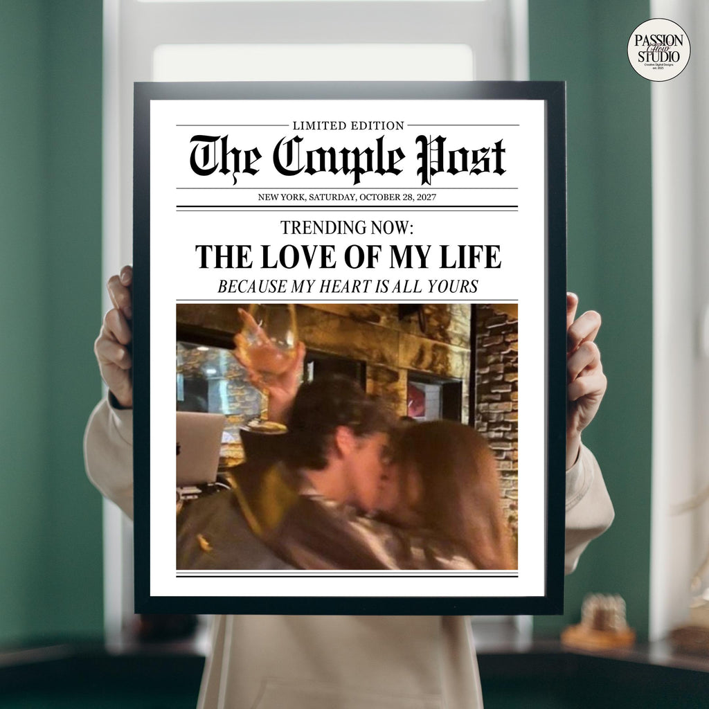 The Love of My Life newspaper print held up in a frame