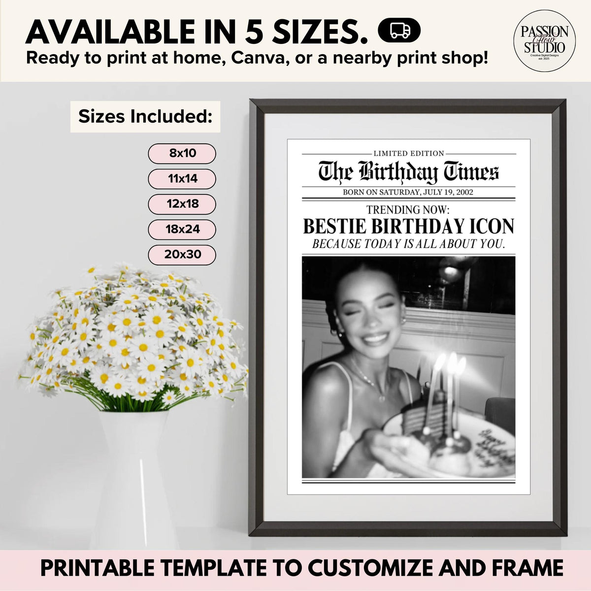 Framed birthday newspaper print, available in 8×10, 11×14, 12×18, 18×24 and 20×30