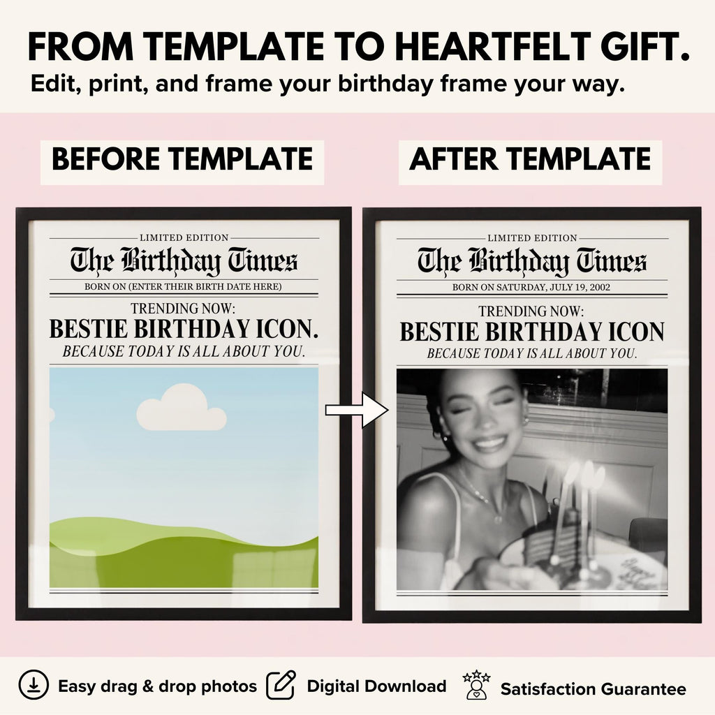 Birthday newspaper print before and after adding a photo