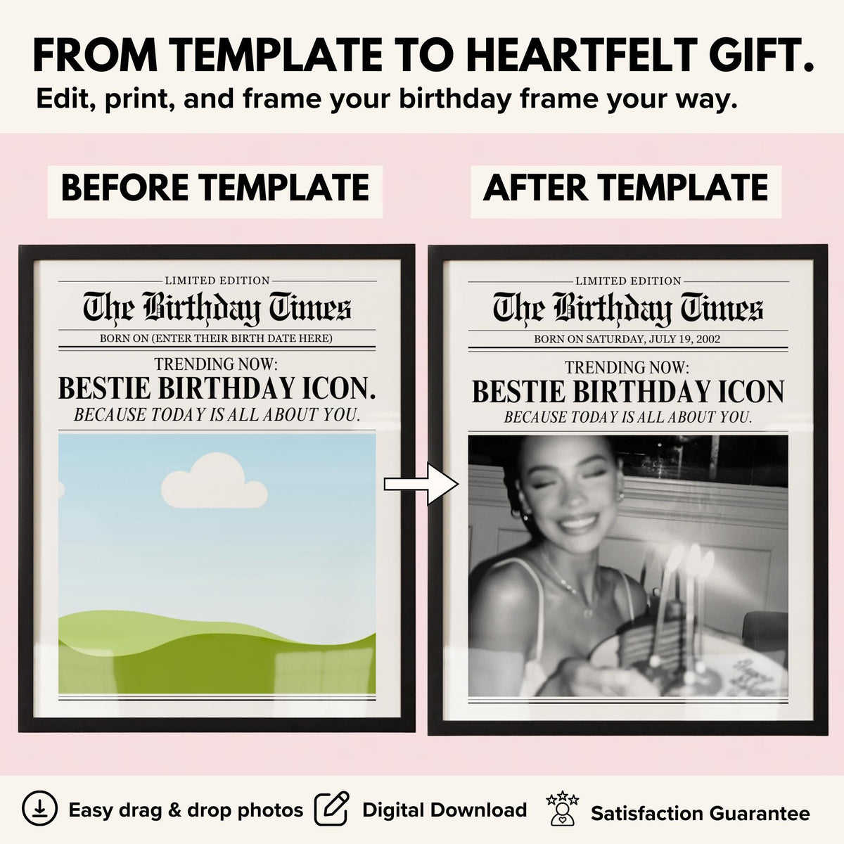 Birthday newspaper print before and after adding a photo