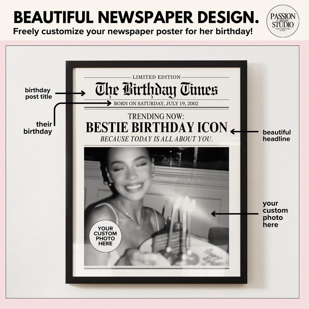 Editable birthday newspaper with title, birth date, headline and custom photo labeled
