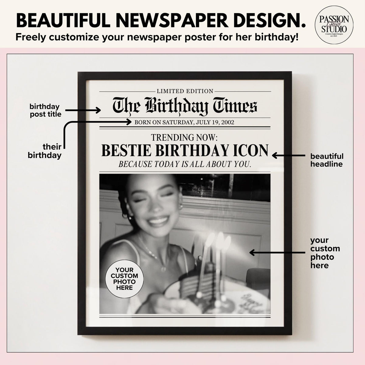 Editable birthday newspaper with title, birth date, headline and custom photo labeled