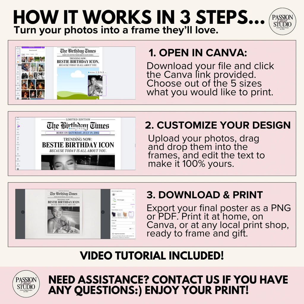 How it works: open in Canva, customize, download and print. Video tutorial included