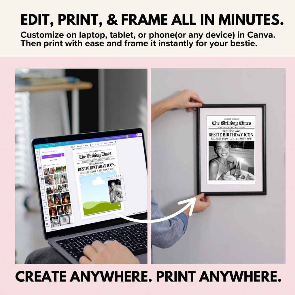 Edit the birthday newspaper in Canva on a laptop, then hang it on the wall