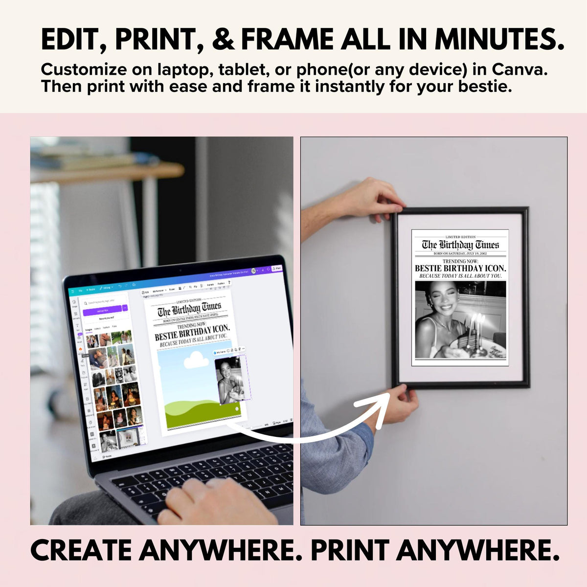 Edit the birthday newspaper in Canva on a laptop, then hang it on the wall