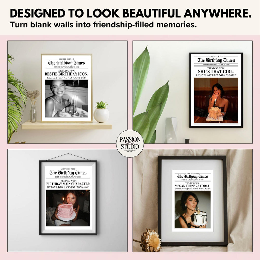 Birthday newspaper prints displayed on shelves and walls