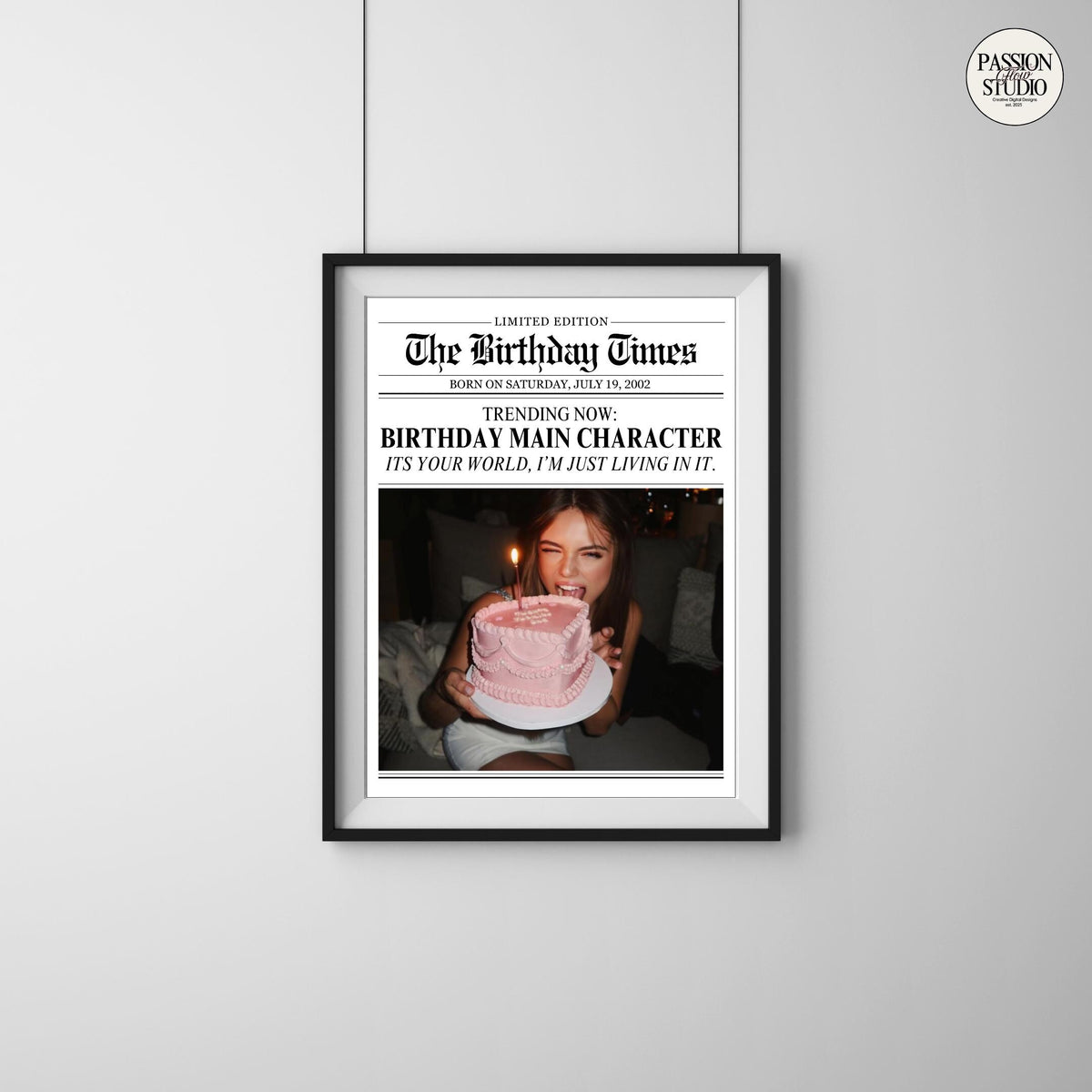 Birthday Main Character newspaper print on a wall