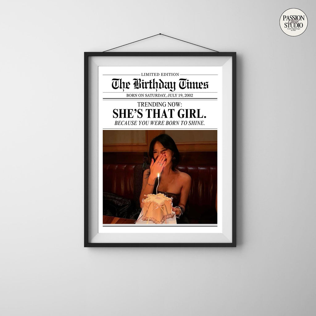 She's That Girl birthday newspaper print on a wall