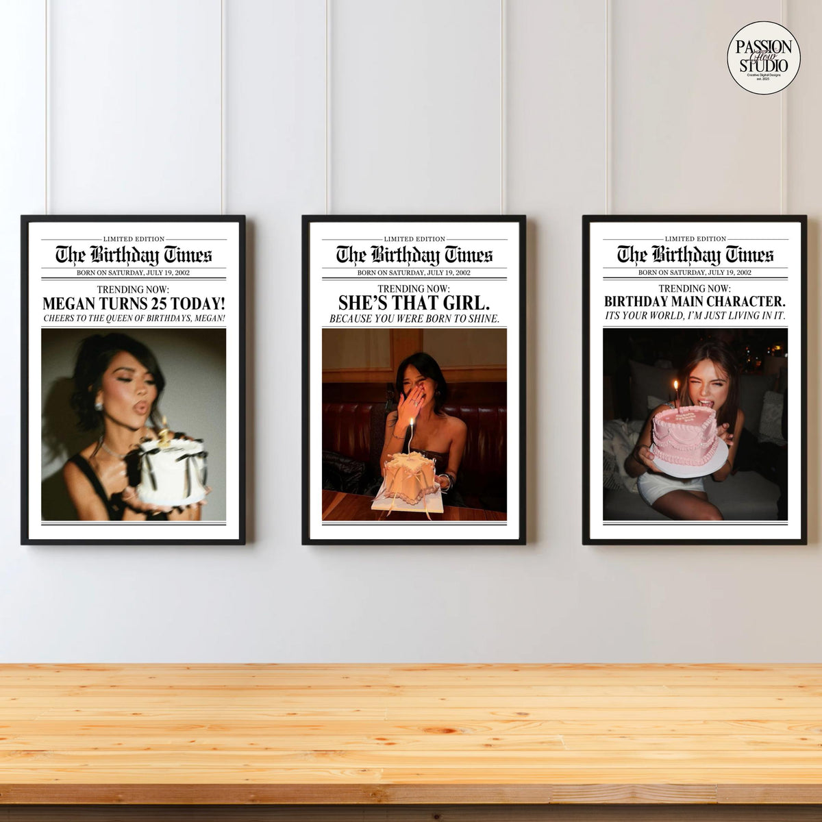 Three birthday newspaper prints on a wall