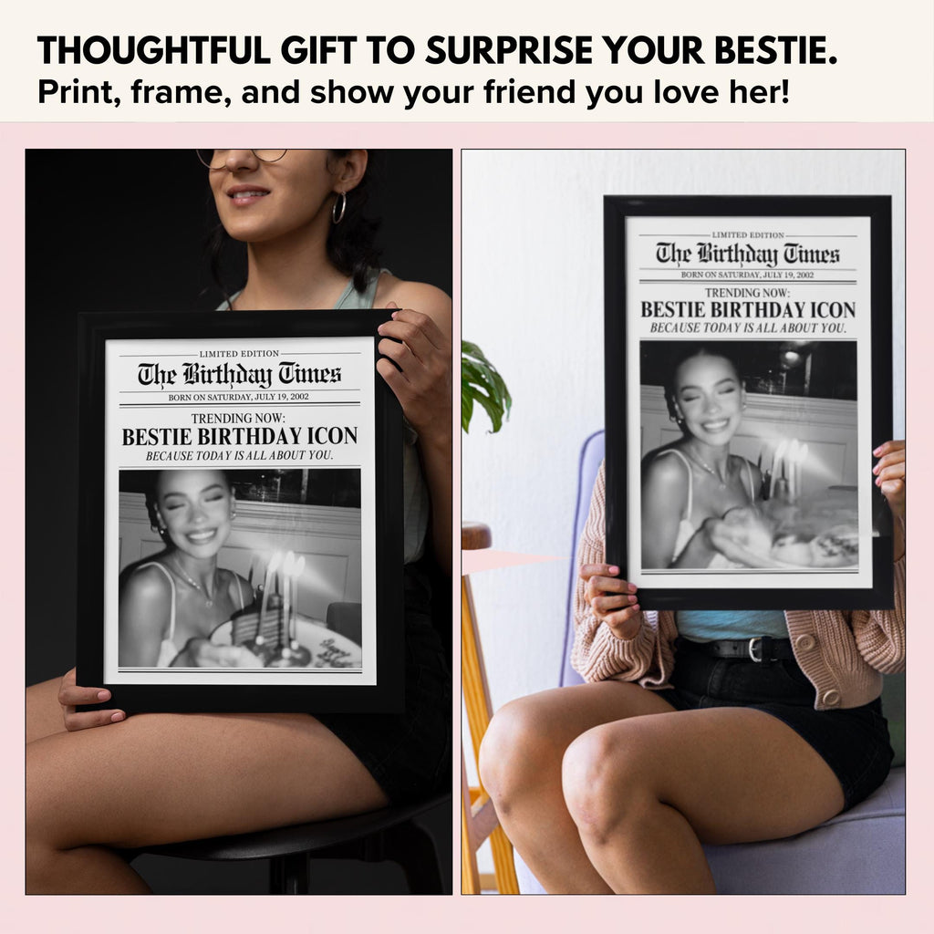 Holding the framed Birthday Times newspaper print