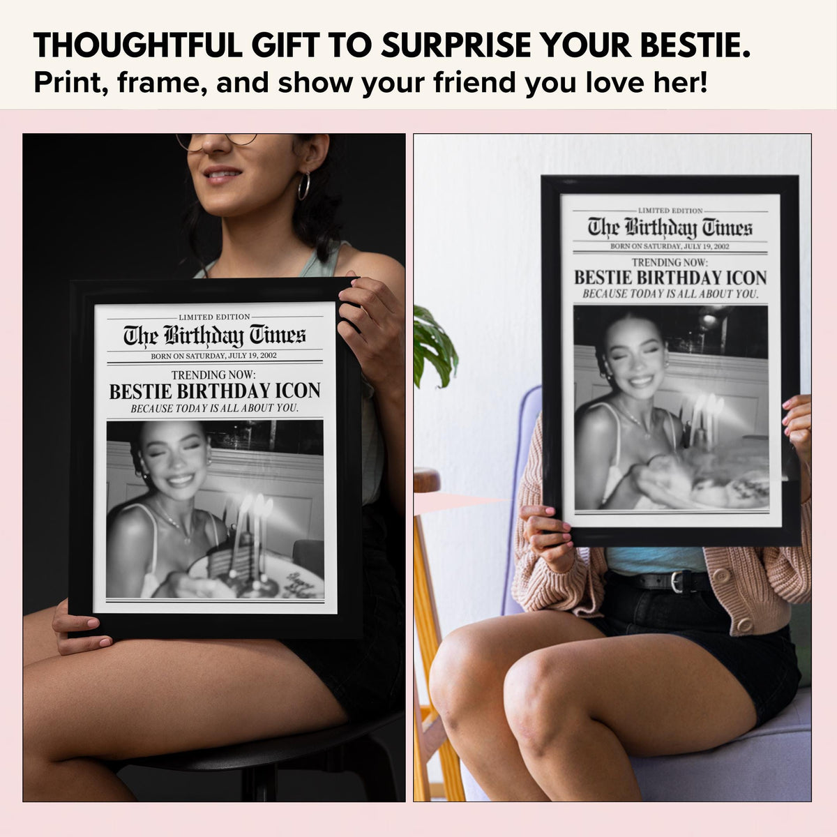 Holding the framed Birthday Times newspaper print