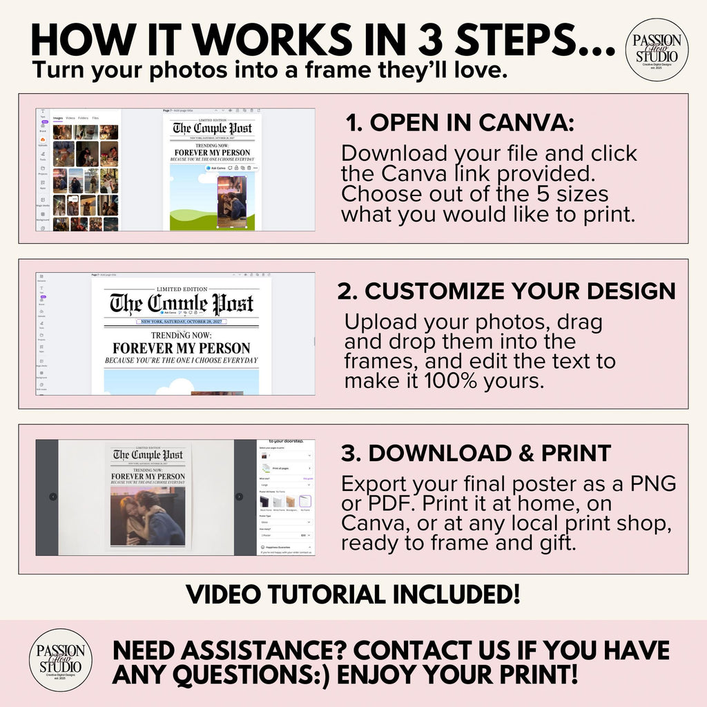 How it works in 3 steps: open in Canva, customize your design, download and print. Video tutorial included
