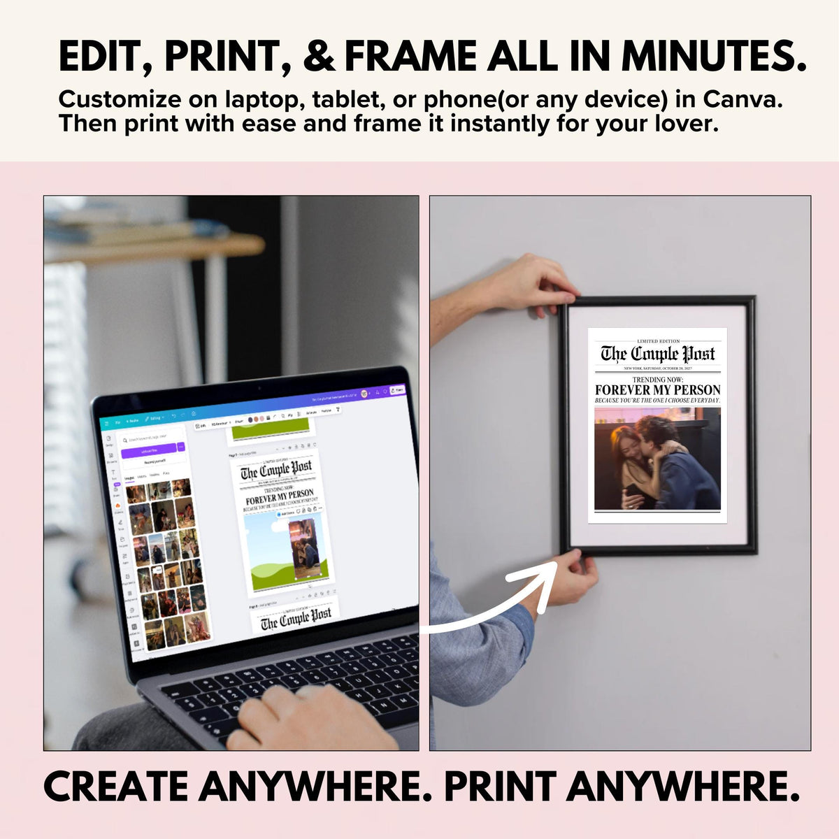 Editing the newspaper in Canva on a laptop, then hanging the framed print