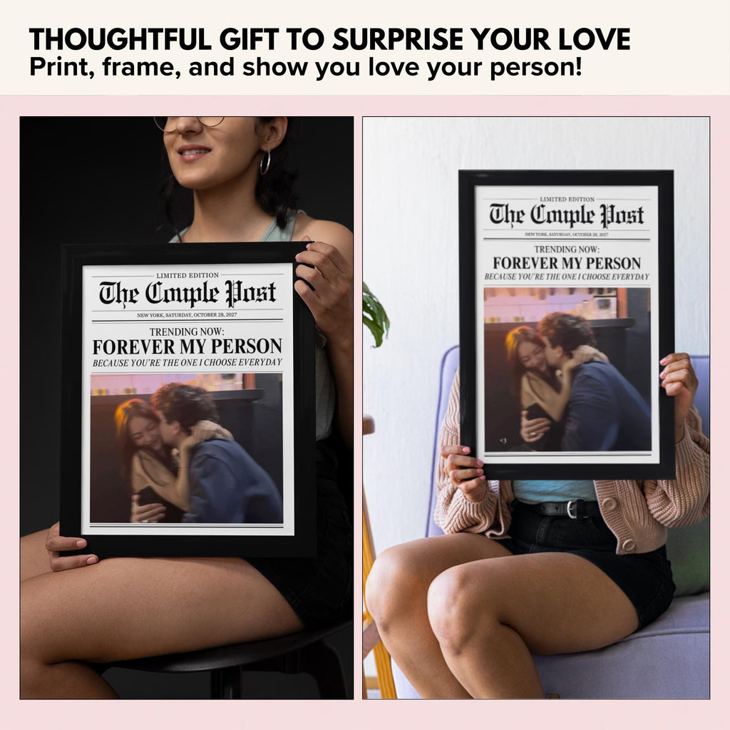 Framed couple newspaper print held up as a gift
