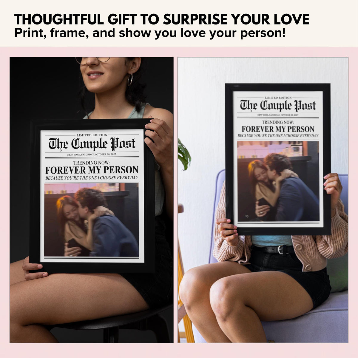 Framed couple newspaper print held up as a gift