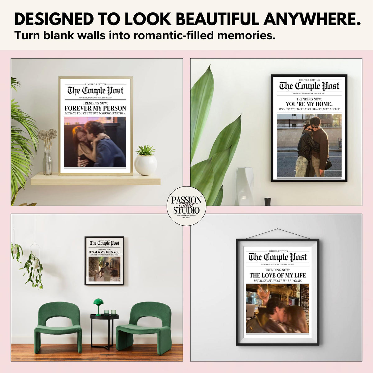 Couple newspaper prints displayed in four home settings
