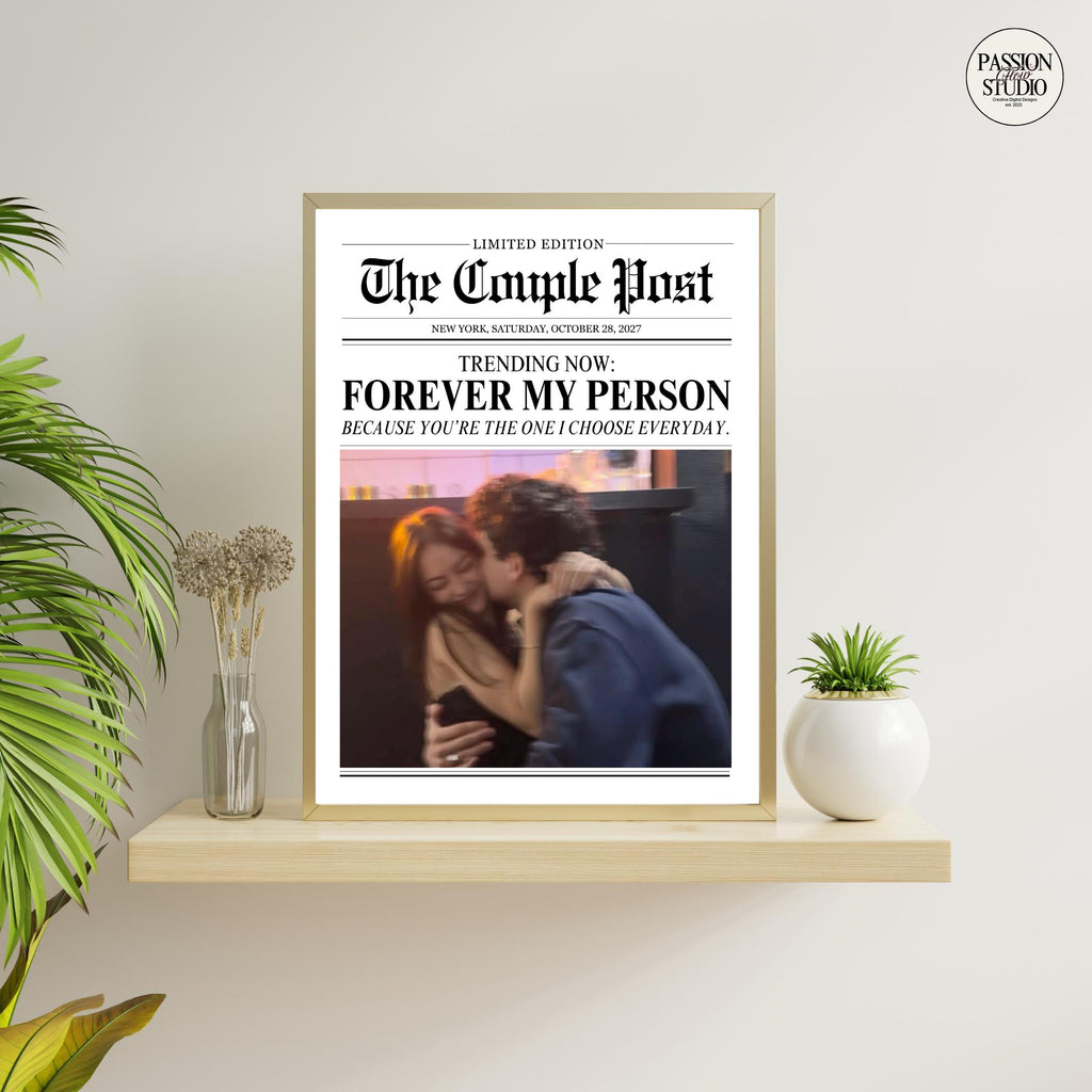 Forever My Person newspaper print framed on a shelf