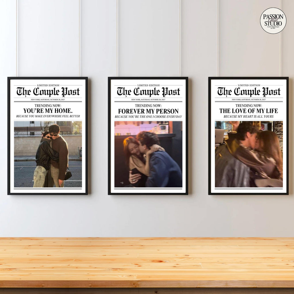 Three couple newspaper designs framed side by side
