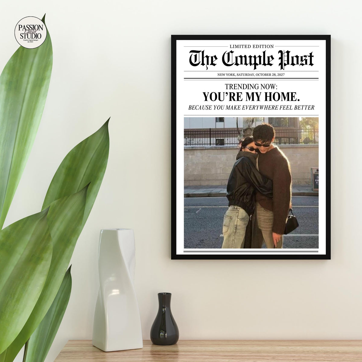 You're My Home newspaper print framed on a table