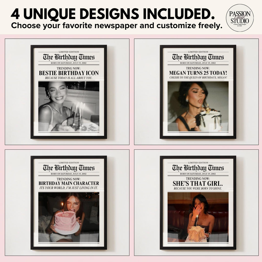 Four headline designs: Bestie Birthday Icon, Turns 25 Today, She's That Girl and Birthday Main Character