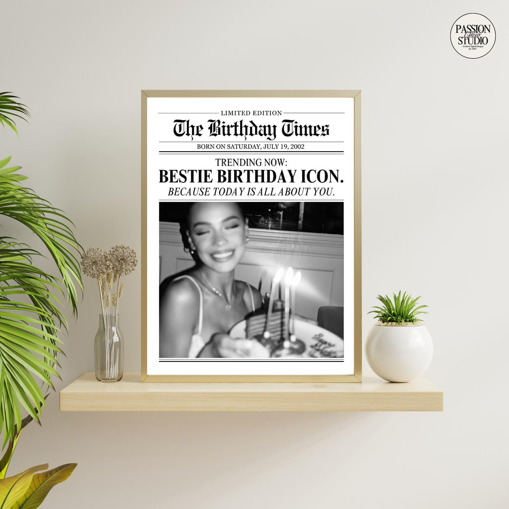 Bestie Birthday Icon newspaper print on a shelf
