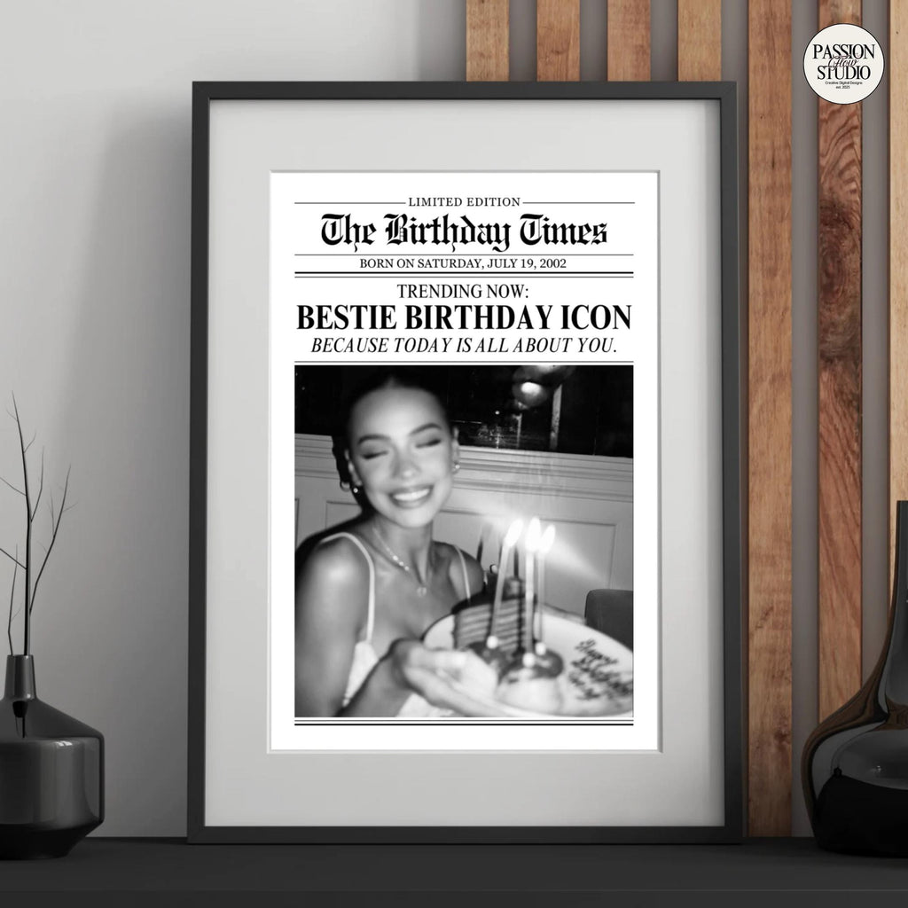 Bestie Birthday Icon newspaper print in a black frame
