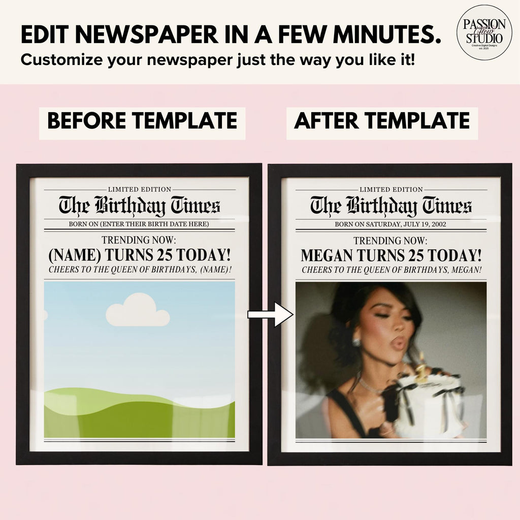 Before and after: custom name and age headline with your photo