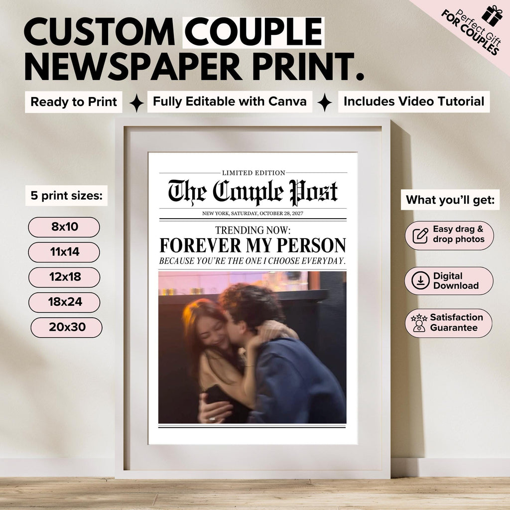 Custom couple newspaper print, The Couple Post, framed with a Forever My Person headline