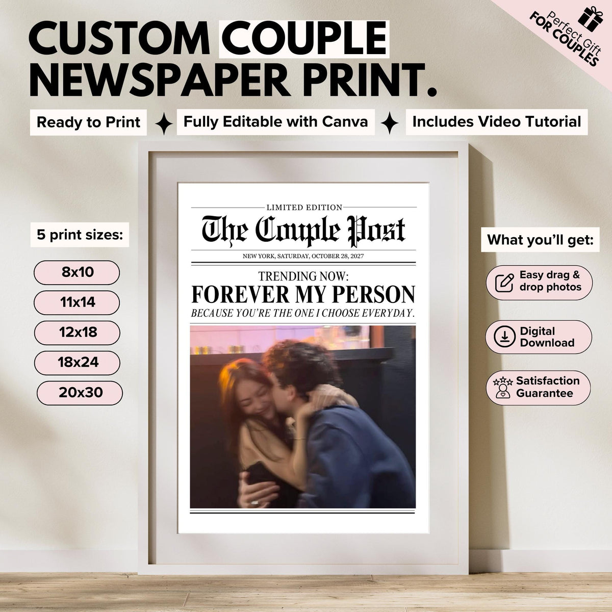 Custom couple newspaper print, The Couple Post, framed with a Forever My Person headline