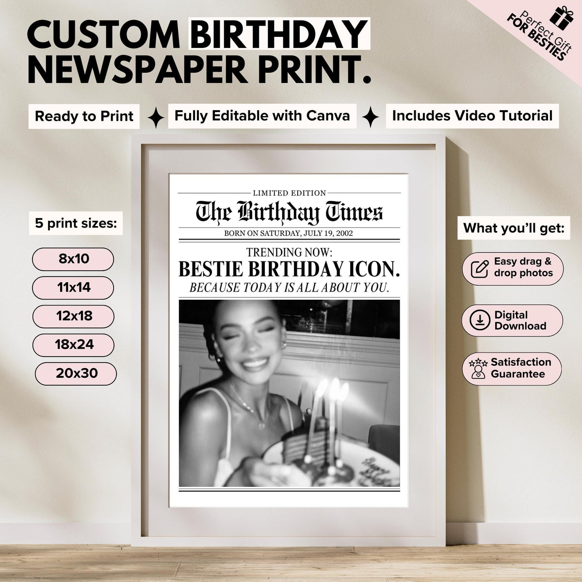 The Birthday Times newspaper print template with 5 print sizes