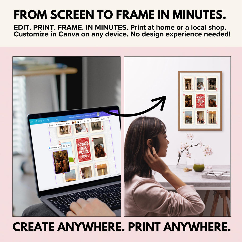 Edit the playing card poster in Canva on a laptop, then hang it on the wall