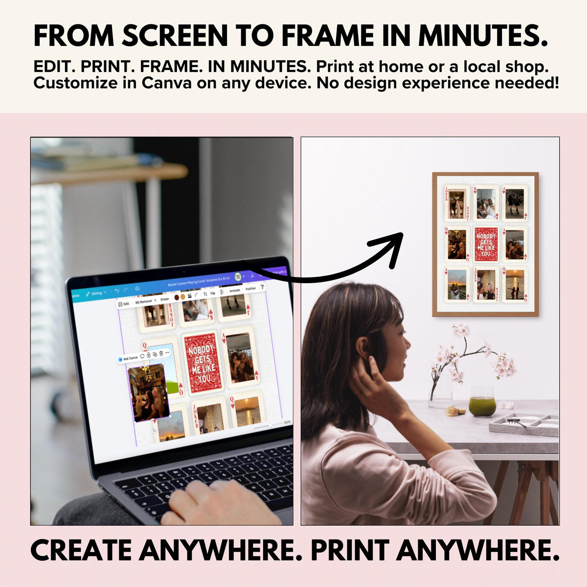 Edit the playing card poster in Canva on a laptop, then hang it on the wall