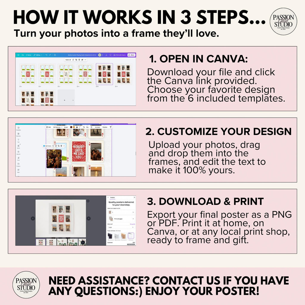How it works: open in Canva, customize your design, download and print