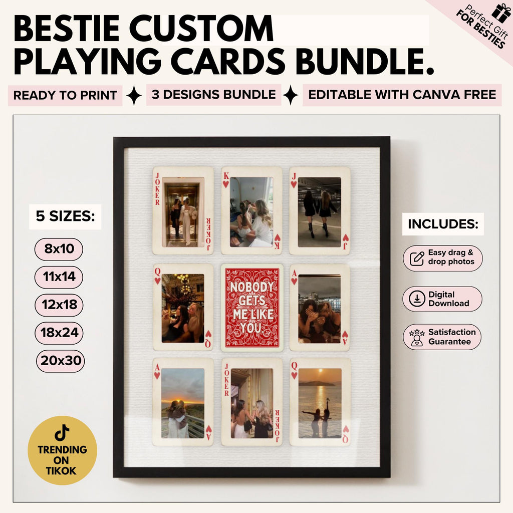 Bestie playing card poster bundle with 3 designs, 5 print sizes and an editable center card