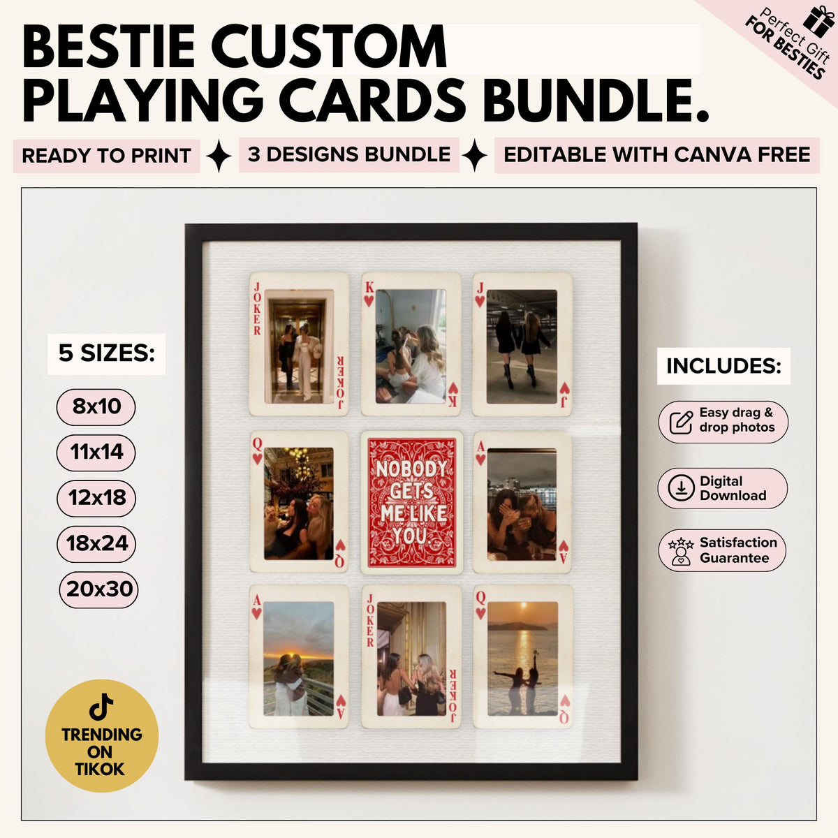 Bestie playing card poster bundle with 3 designs, 5 print sizes and an editable center card