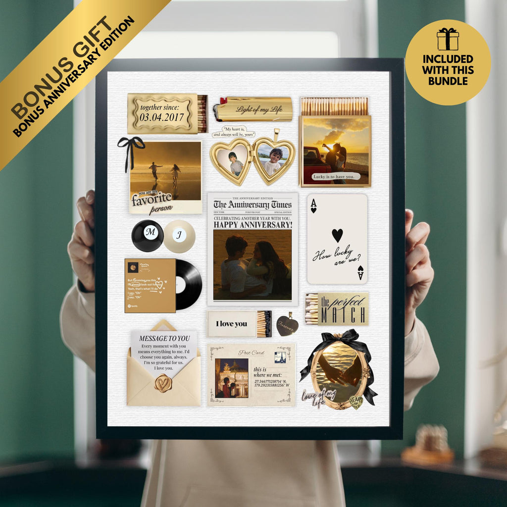 Bonus anniversary edition matchbook design held up in a black frame