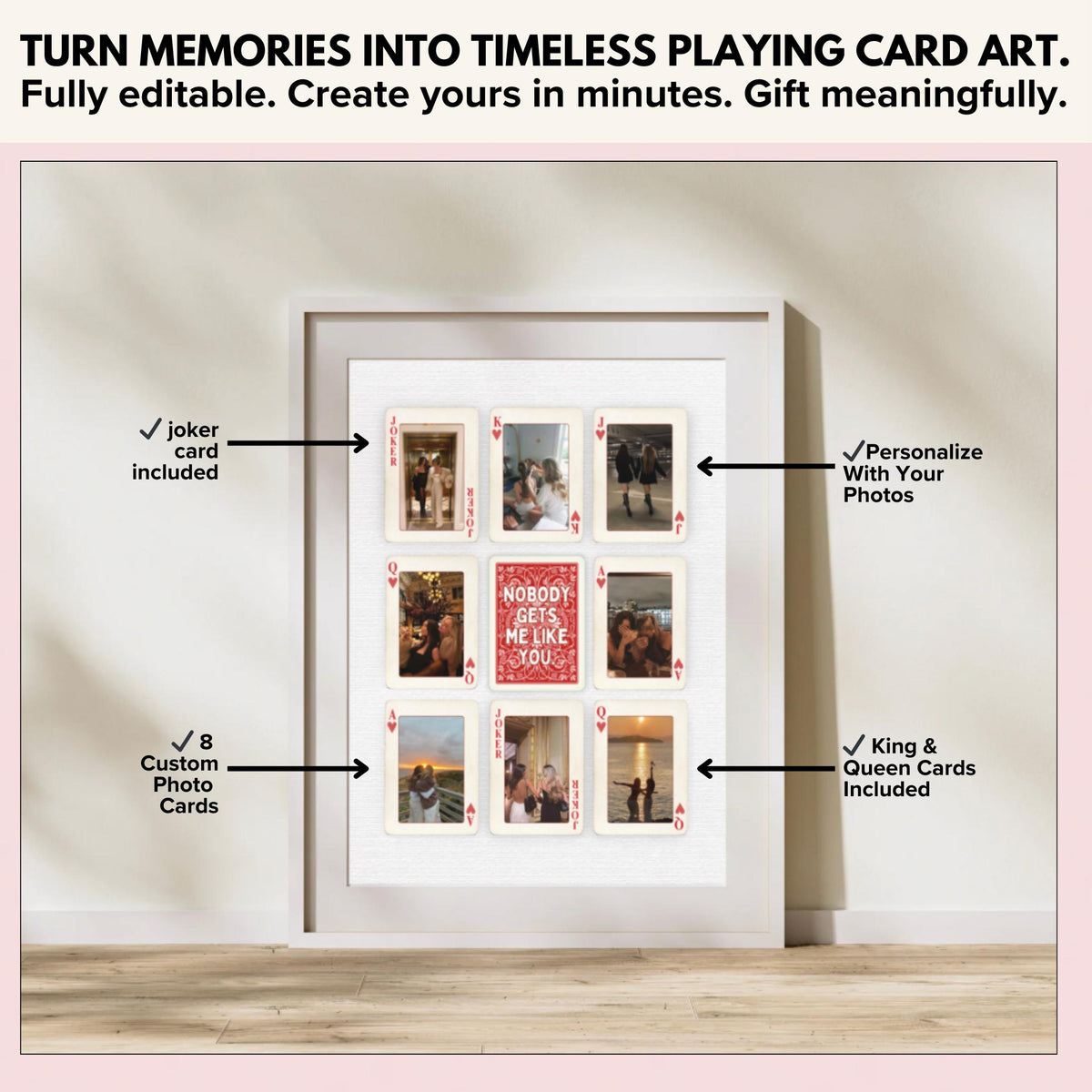 Playing card poster with 8 custom photo cards, king and queen cards and a joker card