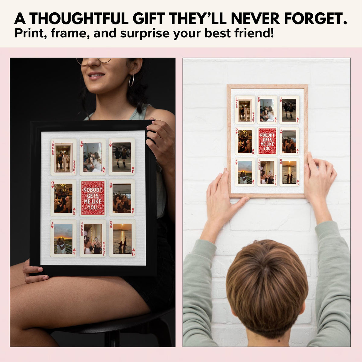 Best friends holding and hanging their framed playing card poster