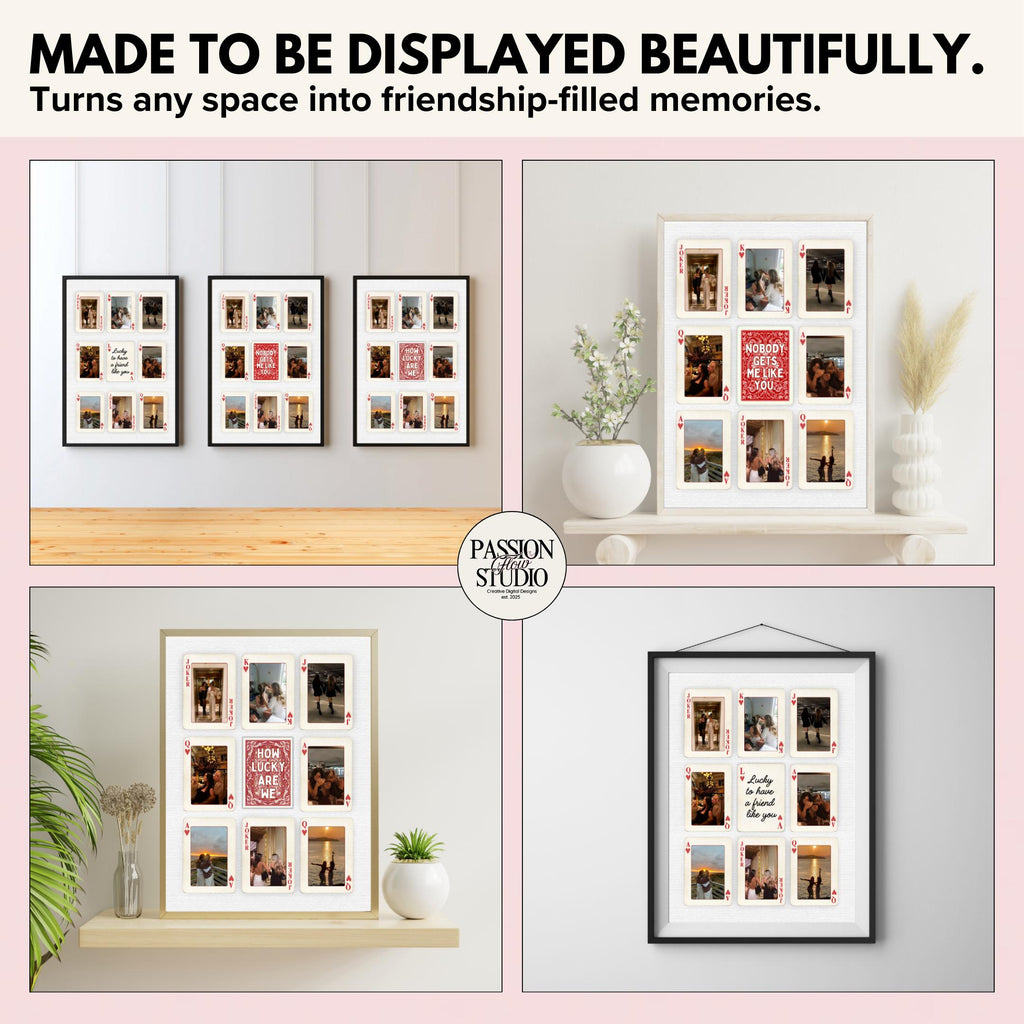 Playing card posters displayed on walls and shelves