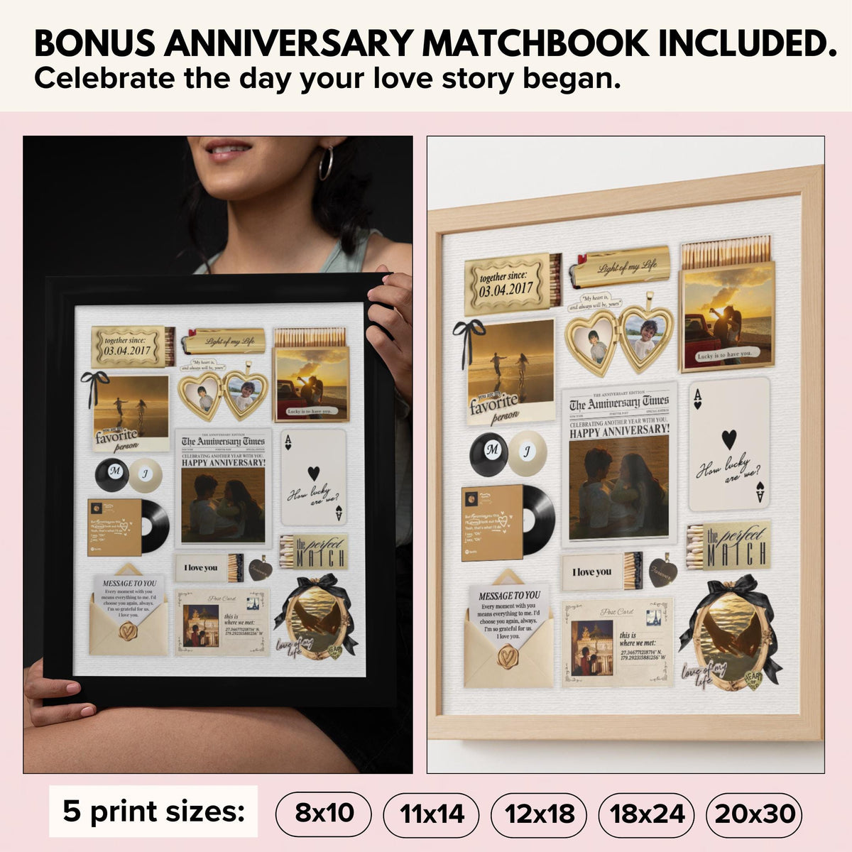 Bonus anniversary matchbook design in gold tones, available in 8x10, 11x14, 12x18, 18x24 and 20x30