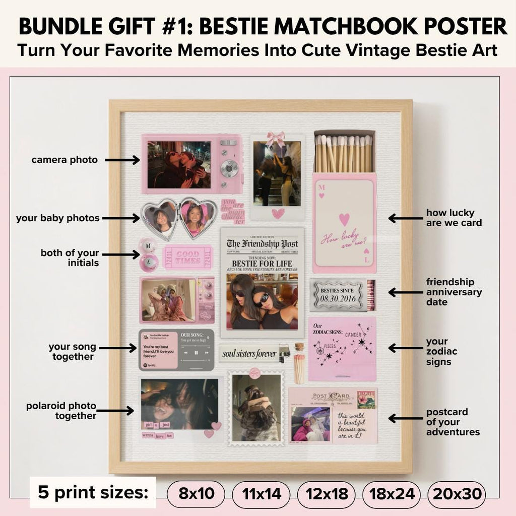 Bestie matchbook poster with photo spots for baby photos, initials, your song, friendship date and zodiac signs