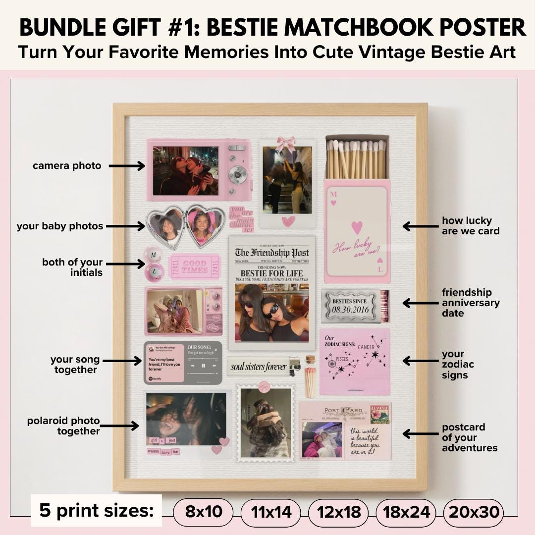 Bestie matchbook poster with photo spots for baby photos, initials, your song, friendship date and zodiac signs
